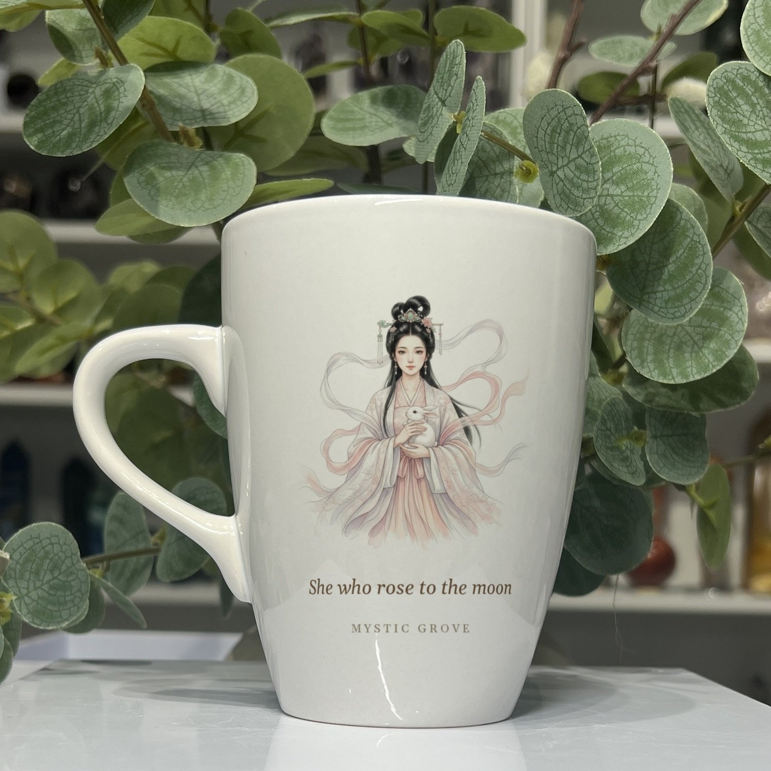 Chang'e goddess mug 13oz, picture side with her portrait and title, Mystic Grove
