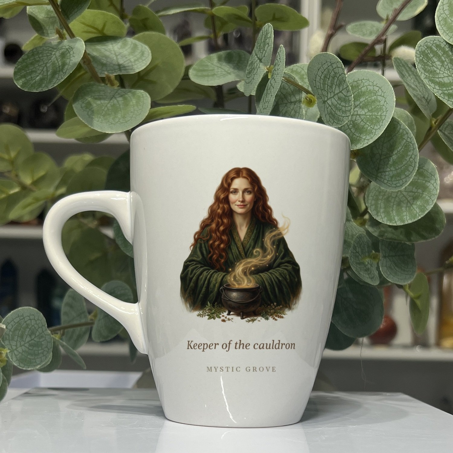 Cerridwen Goddess Mug 13oz Cerridwen goddess mug 13oz, picture side with her portrait and title, Mystic Grove