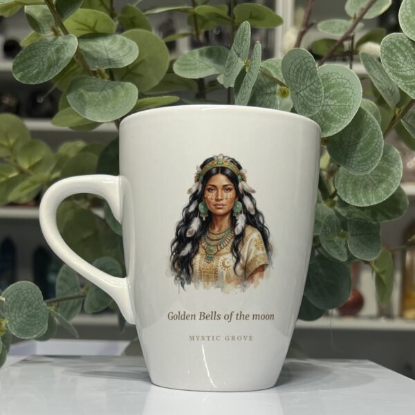 Coyolxauhqui: Mexica Goddess of the Moon and the Golden Bells 9 Coyolxauhqui goddess mug 13oz, picture side with her portrait and title, Mystic Grove
