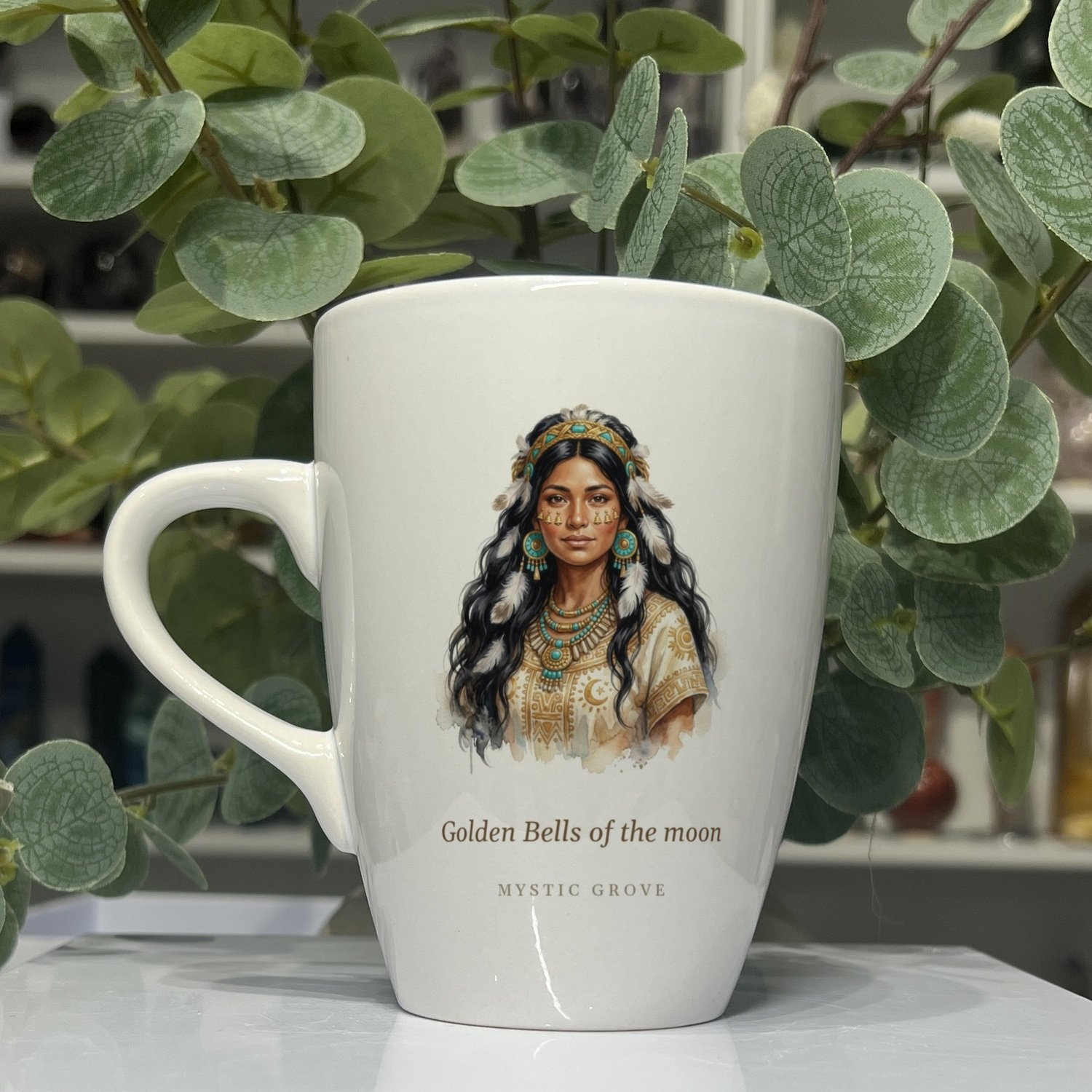 Coyolxauhqui goddess mug 13oz, picture side with her portrait and title, Mystic Grove