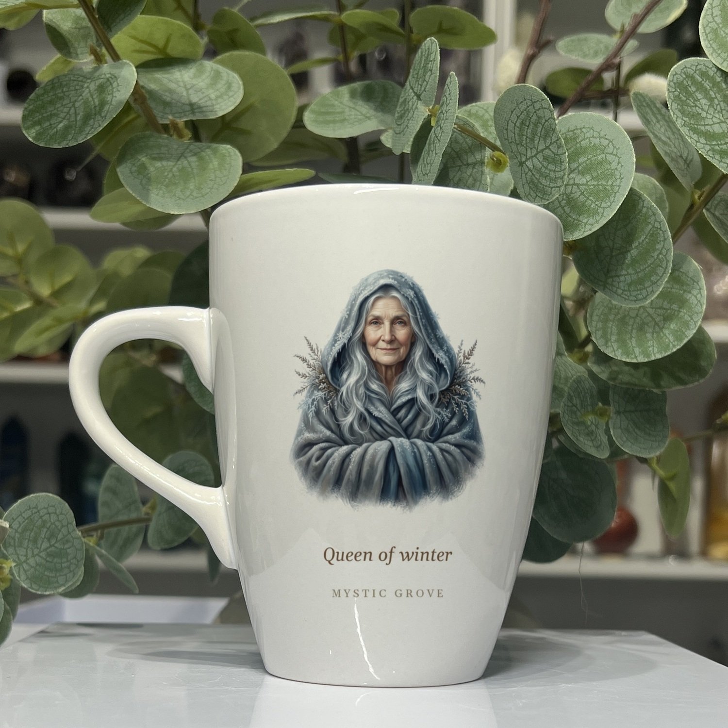 Cailleach Goddess Mug 13oz Cailleach goddess mug 13oz, picture side with her portrait and title, Mystic Grove