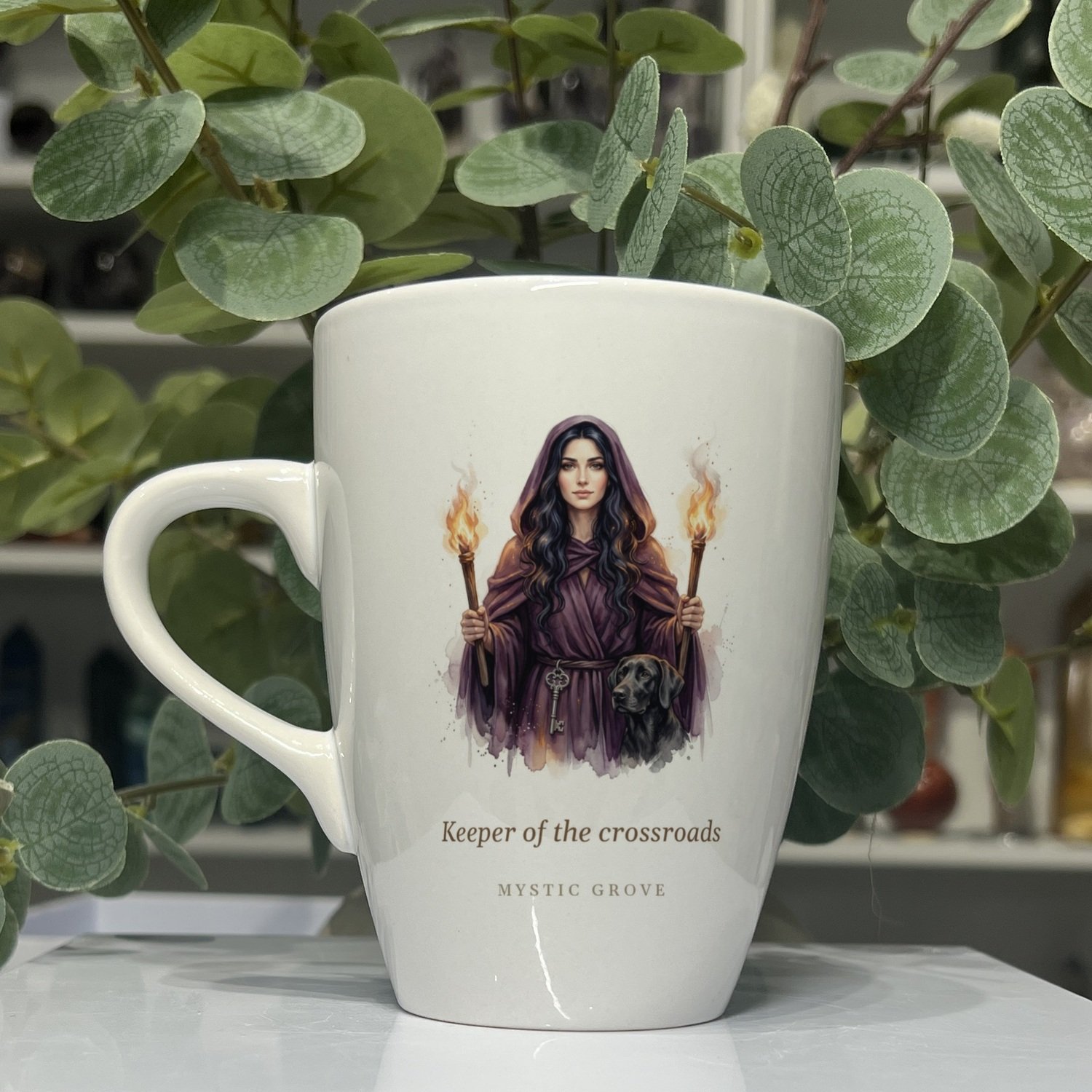 Hecate Goddess Mug 13oz Hecate goddess mug 13oz, picture side with her portrait and title, Mystic Grove