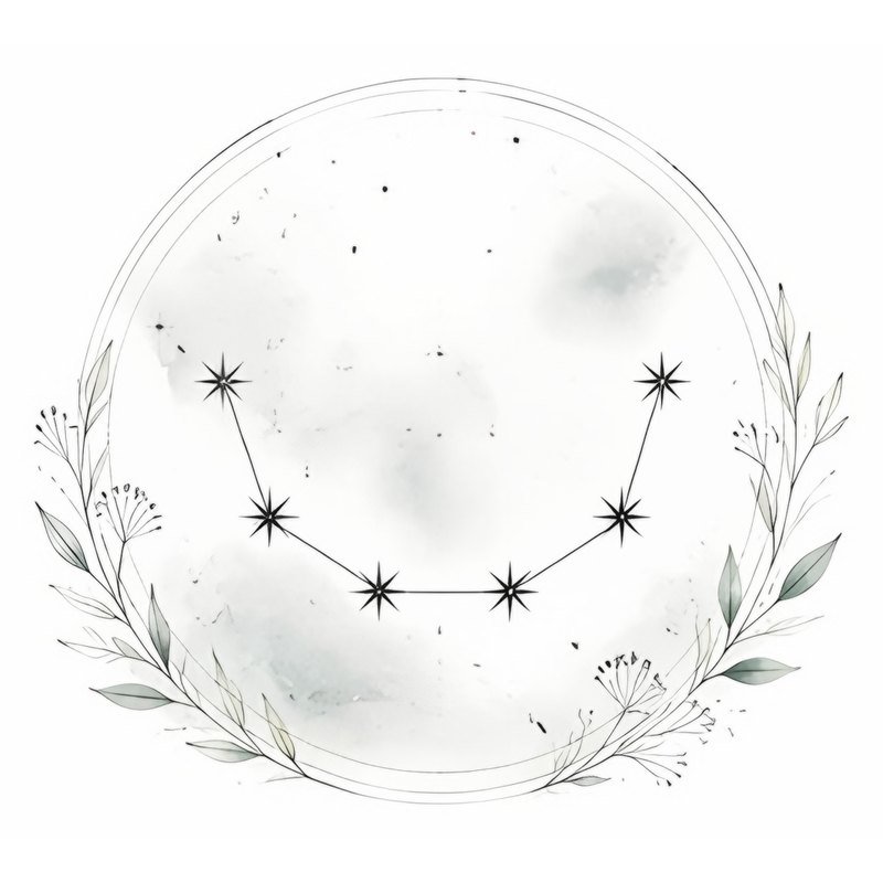 Sketch of the Northern Crown constellation, known in Welsh as Caer Arianrhod, inside a silver circle of leaves