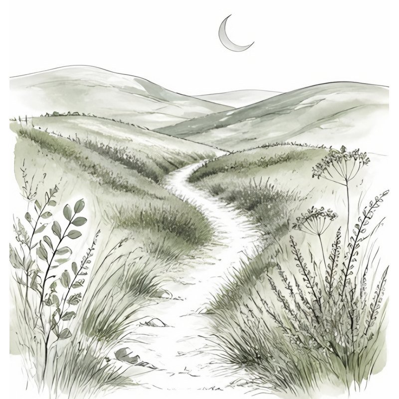 Sketch of a winding path through rolling green hills with wildflowers and a crescent moon above