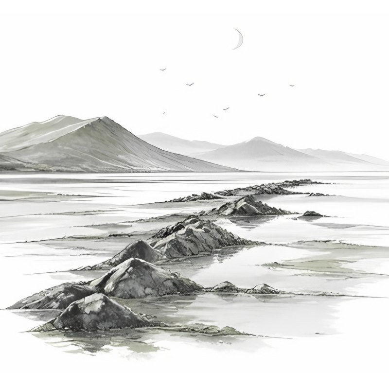 Pencil sketch of a line of rocks emerging from the sea below Welsh hills, the reef called Caer Arianrhod