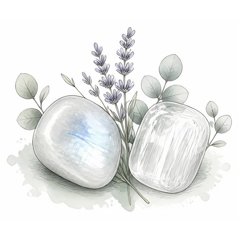 Sketch of a moonstone and a selenite tumblestone with sprigs of lavender and eucalyptus