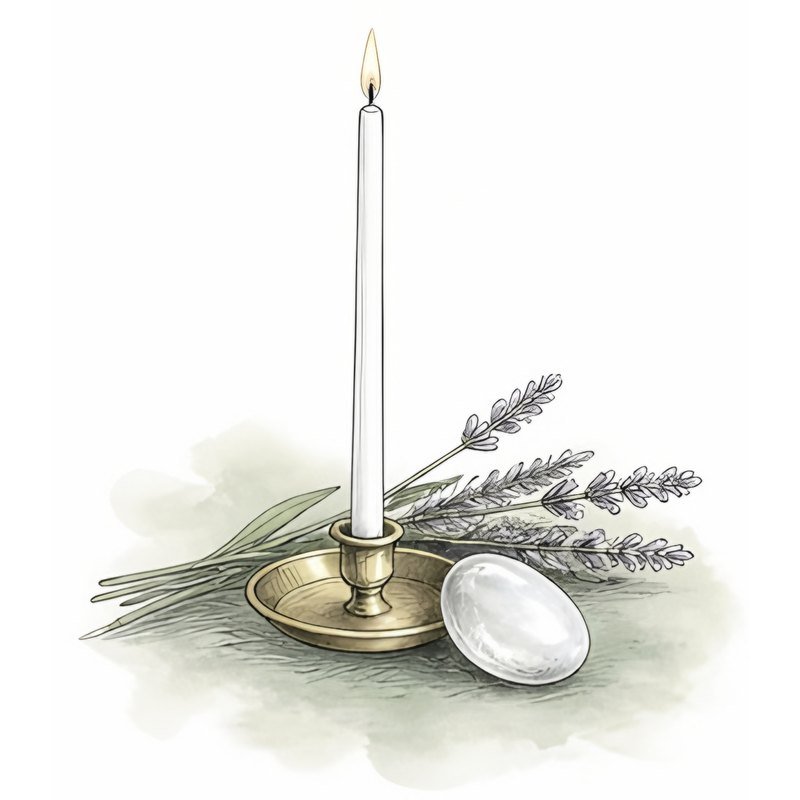 Sketch of a slim white chime candle in a brass holder beside a moonstone and a sprig of lavender