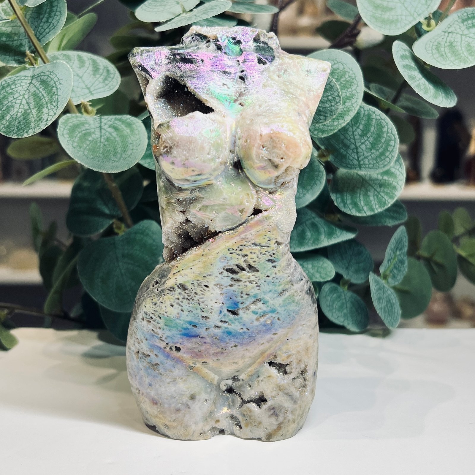 Aura Sphalerite Goddess Body Front Aura sphalerite goddess body crystal carving 15cm with titanium aura rainbow flash over white druzy, Mystic Grove UK
