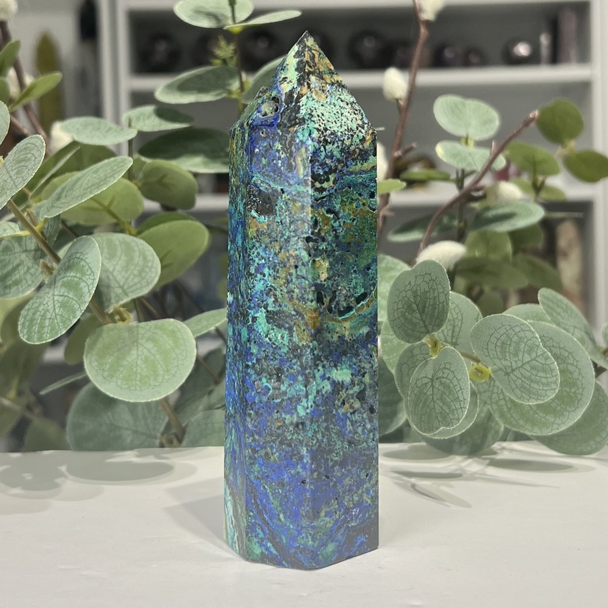 Azurite Malachite Tower 13cm Azurite malachite tower side view showing paler sea green patches