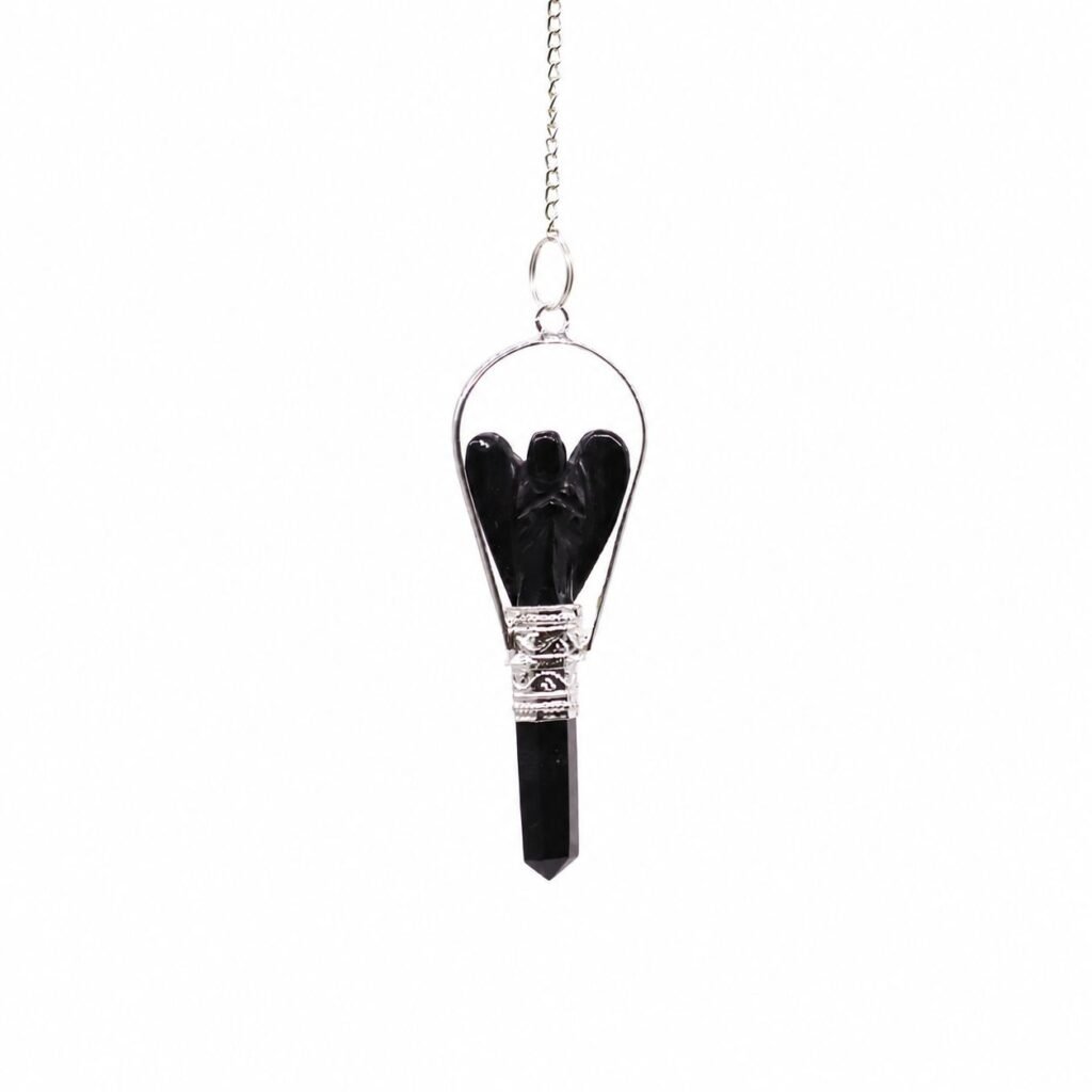 Black Agate angel pendulum with ring frame