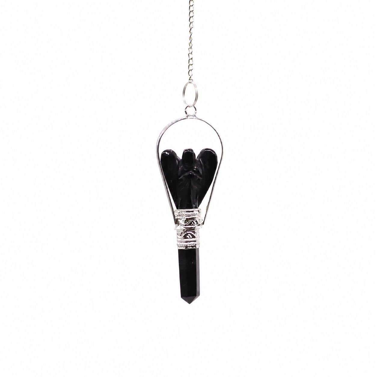 Black Agate angel pendulum with ring frame