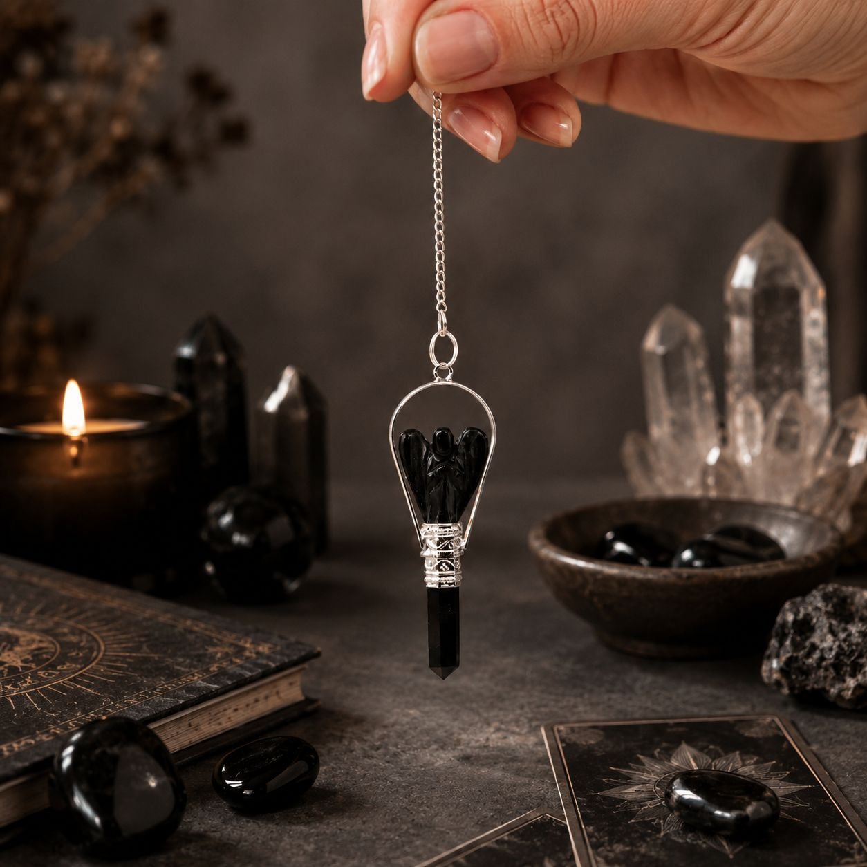 Black Agate angel pendulum with ring frame view 4