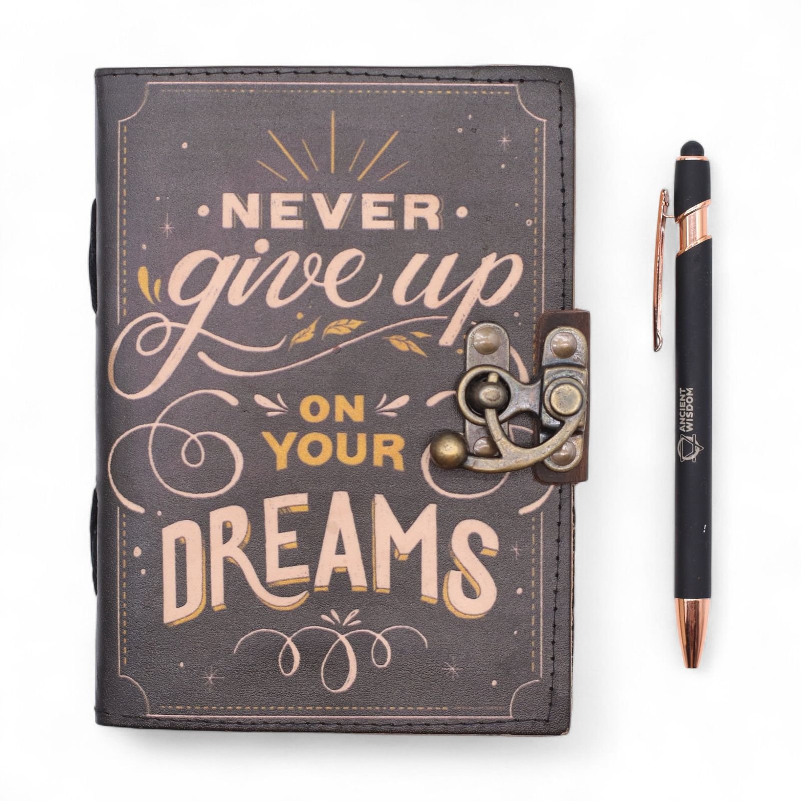 Never Give Up On Your Dreams Leather Notebook 17.8 x 12.7cm