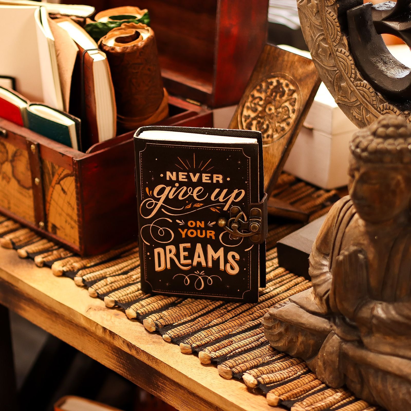 Never Give Up On Your Dreams Leather Notebook 17.8 x 12.7cm