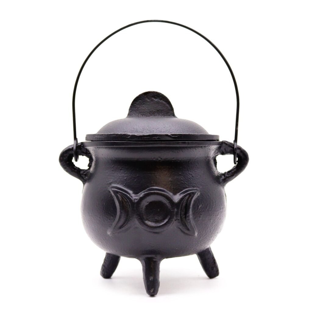 Large Cast Iron Witches Cauldron with Triple Moon 12x15cm