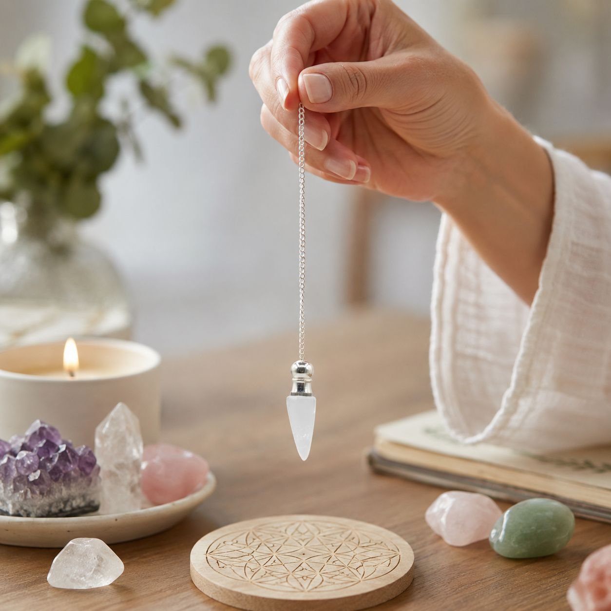 Clear Quartz chamber pendulum with silver plated cavity view 3
