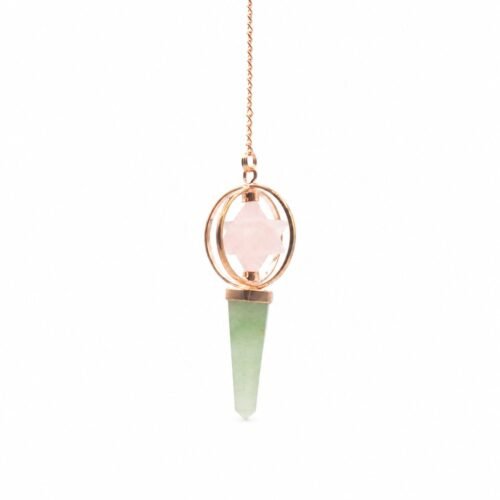 Rose quartz merkaba pendulum with green aventurine point in copper