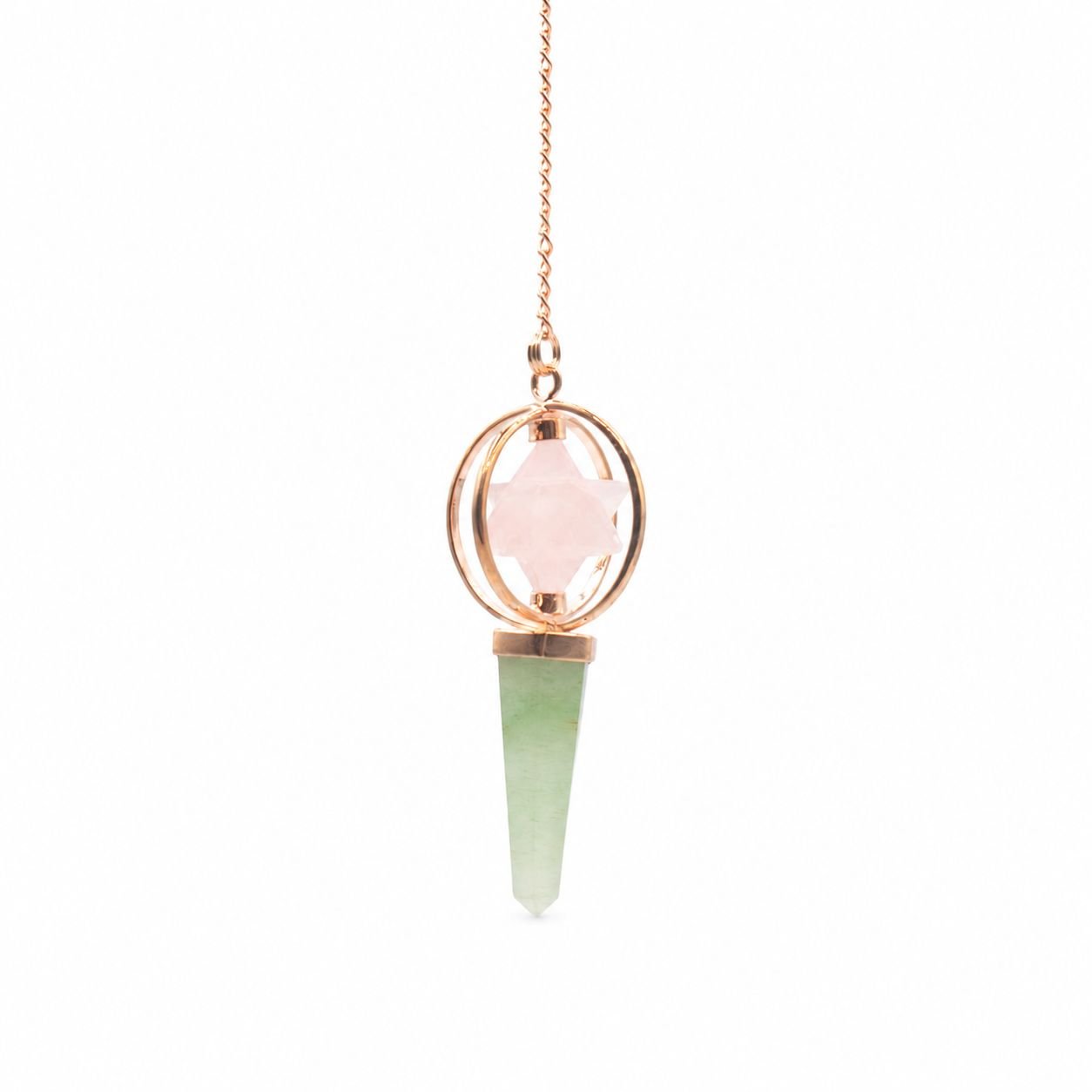 Rose quartz merkaba pendulum with green aventurine point in copper