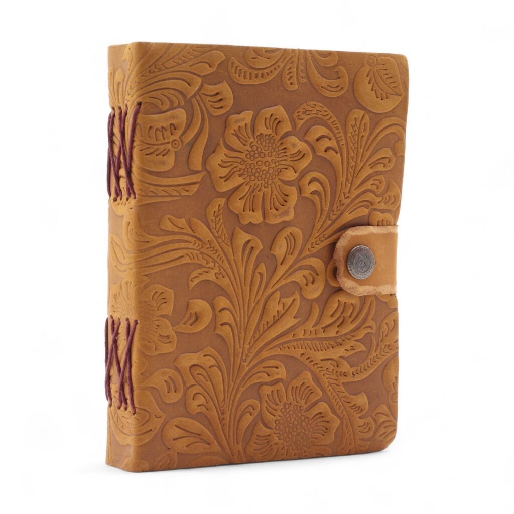 Floral Embossed Leather Notebook Tan 17.8 x 12.7cm