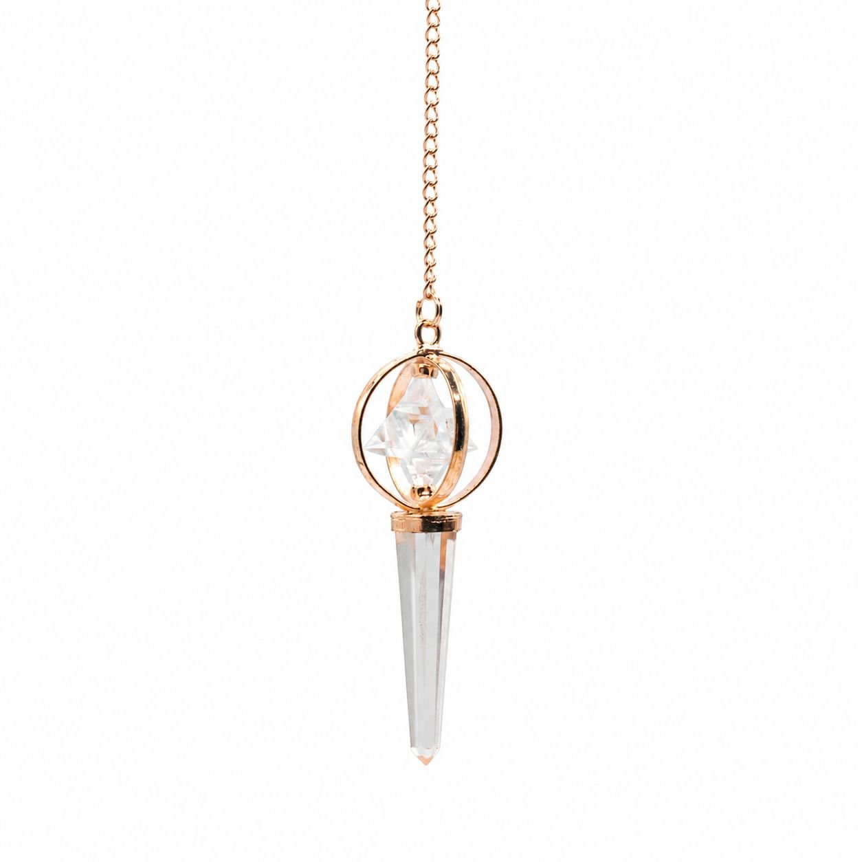 Clear quartz merkaba pendulum with spinning copper star