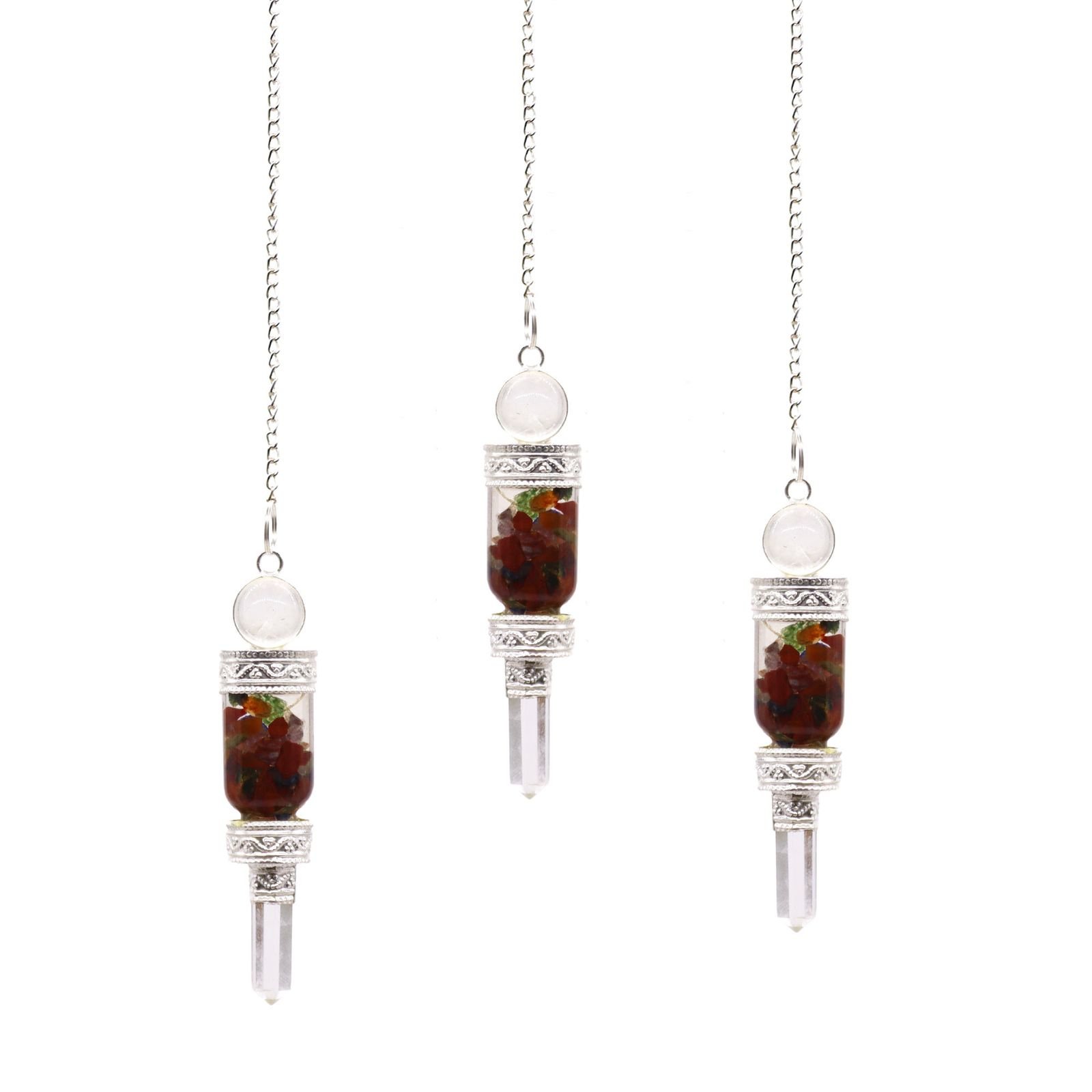 Floating chakra pendulum with clear quartz point view 2