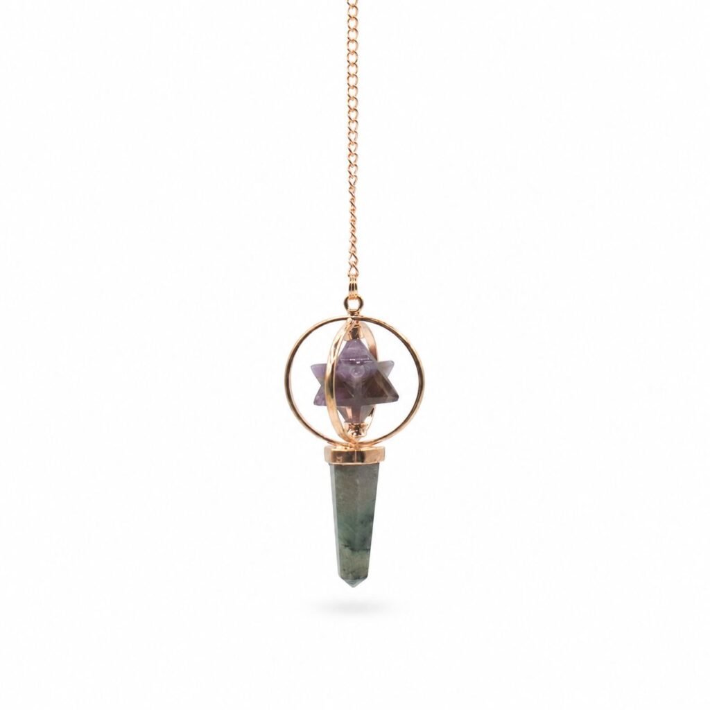 Amethyst merkaba pendulum with labradorite point in copper