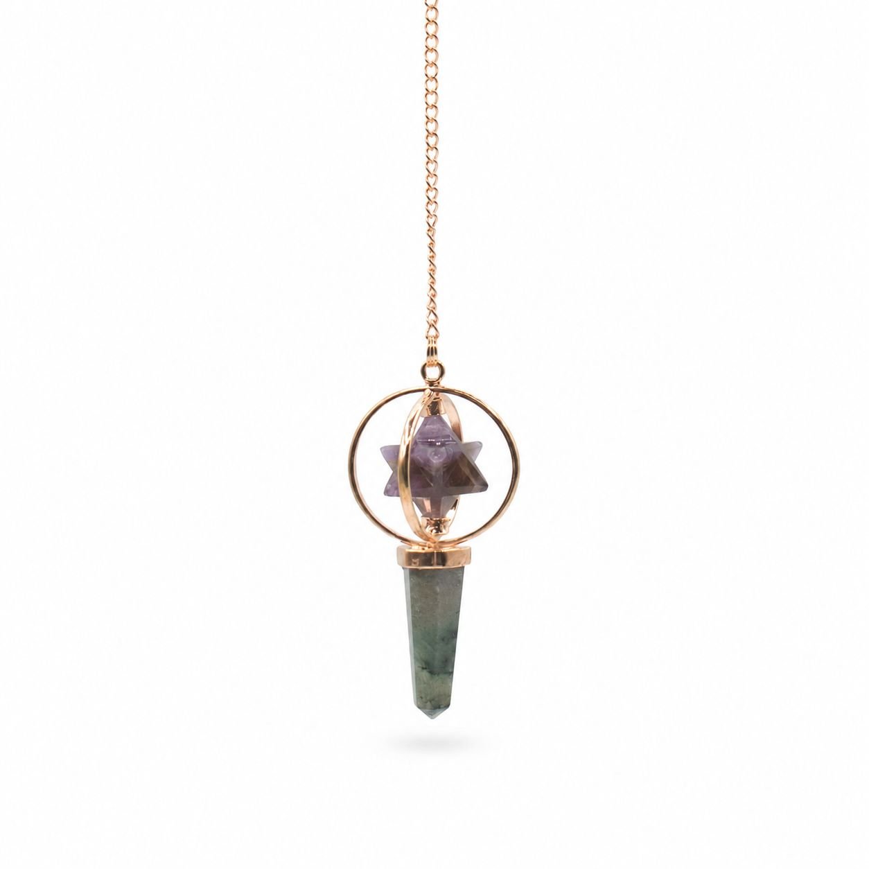 Amethyst merkaba pendulum with labradorite point in copper