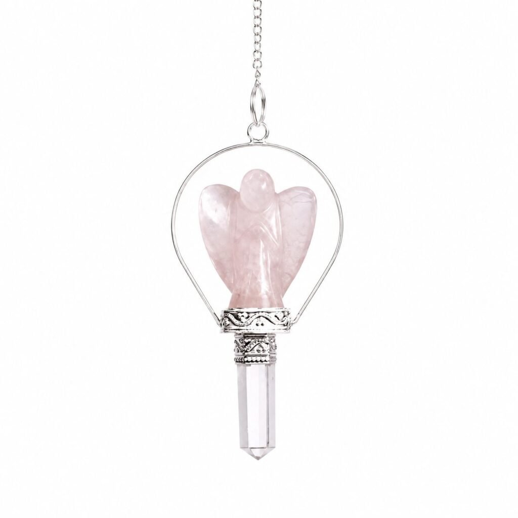 Rose Quartz angel pendulum with ring frame