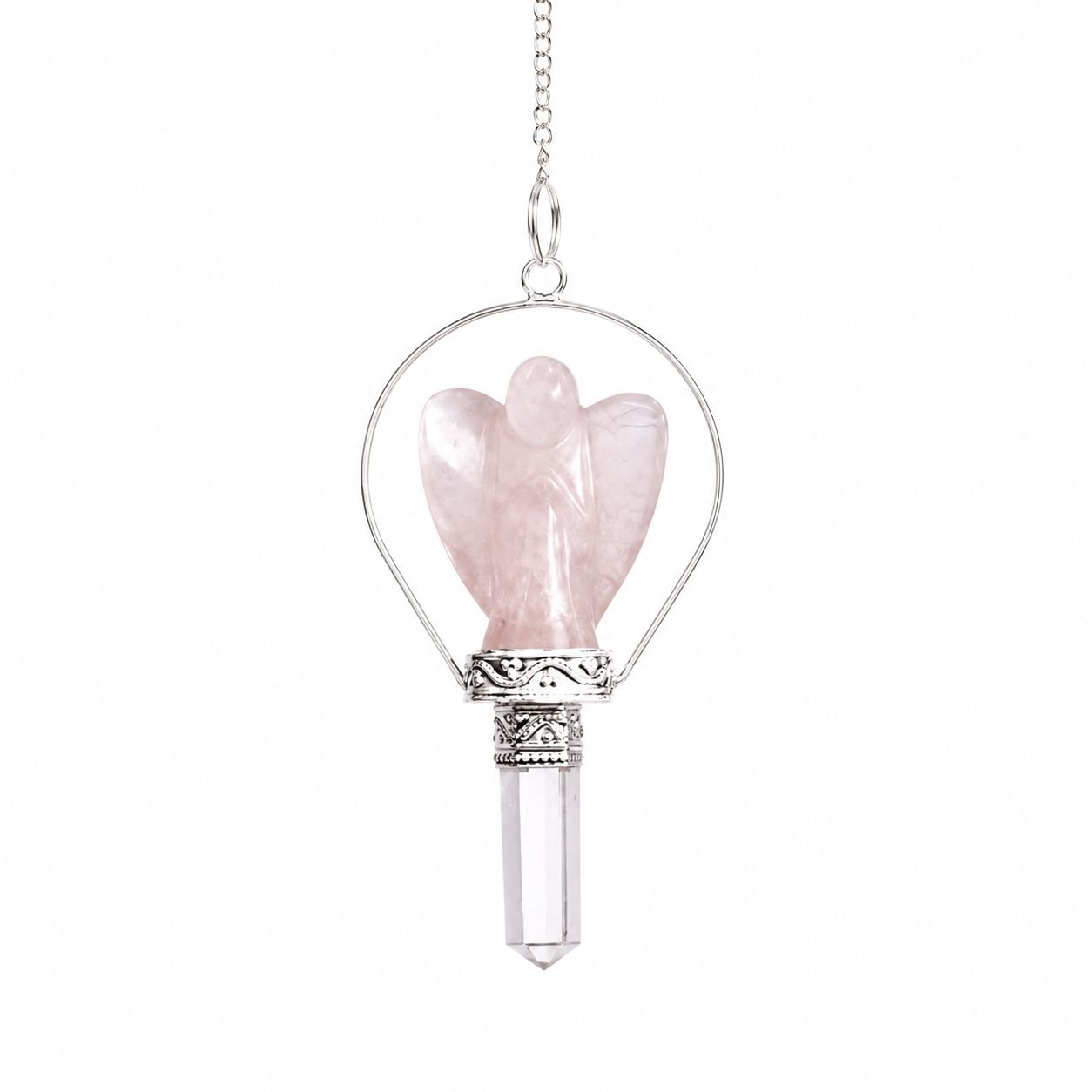 bG9jYWw6Ly9tZWRpYS8xTi9DRC82MFIzMEMxSjZDV0tDRDFOLzFkODY5MjljLnBuZw.jpg Rose Quartz angel pendulum with ring frame