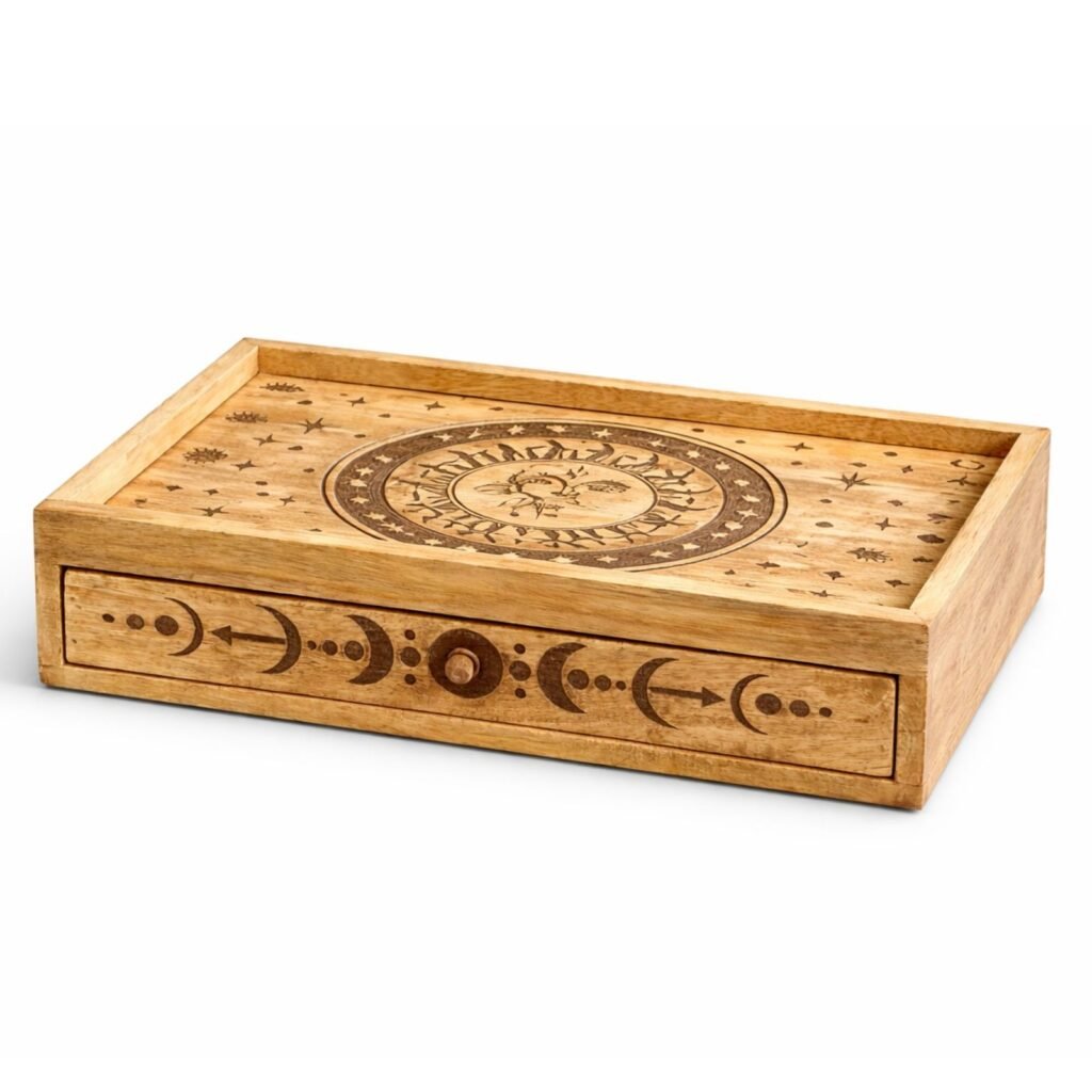Sun and Moon Carved Tarot Box with Drawer