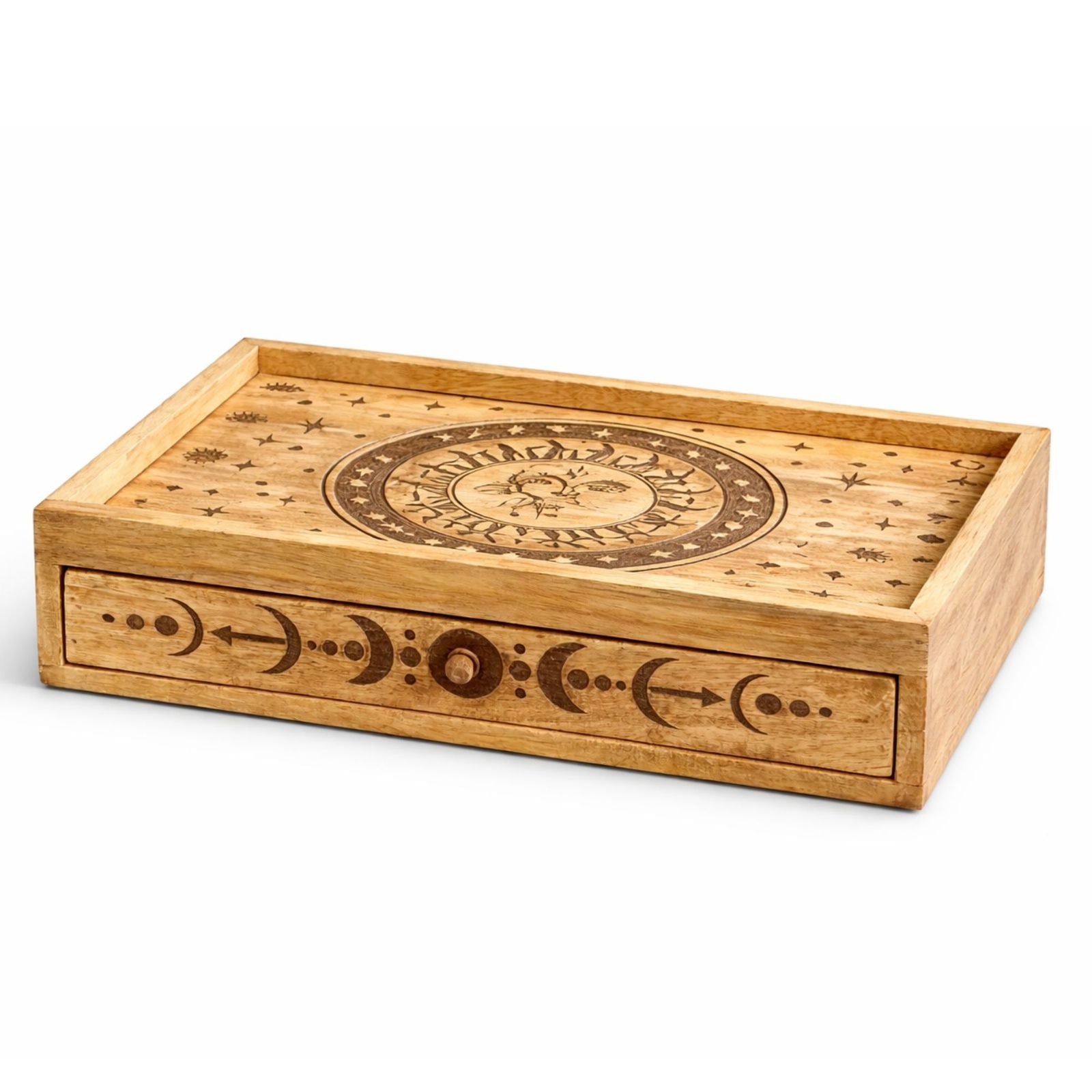Sun and Moon Carved Tarot Box with Drawer