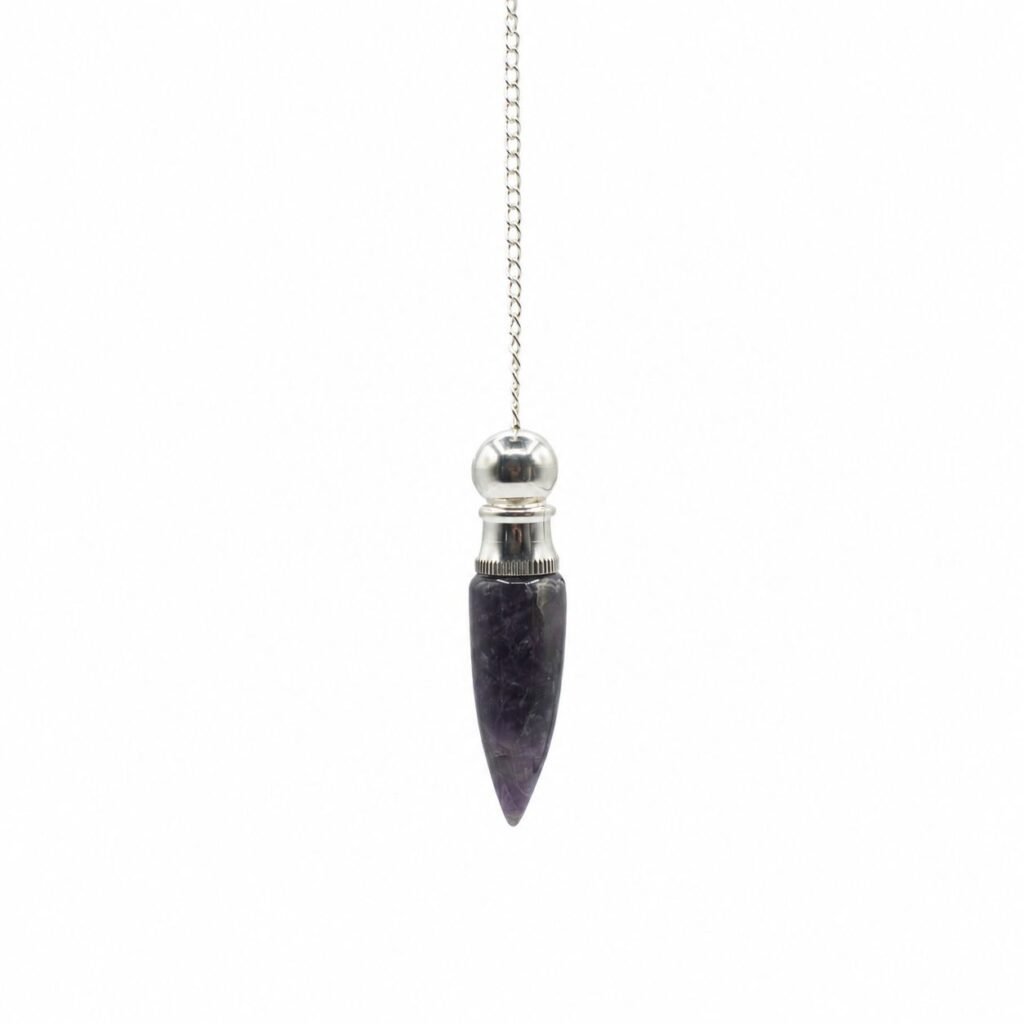 Amethyst chamber pendulum with silver plated cavity