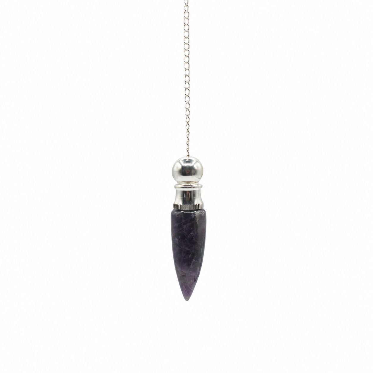 Amethyst chamber pendulum with silver plated cavity