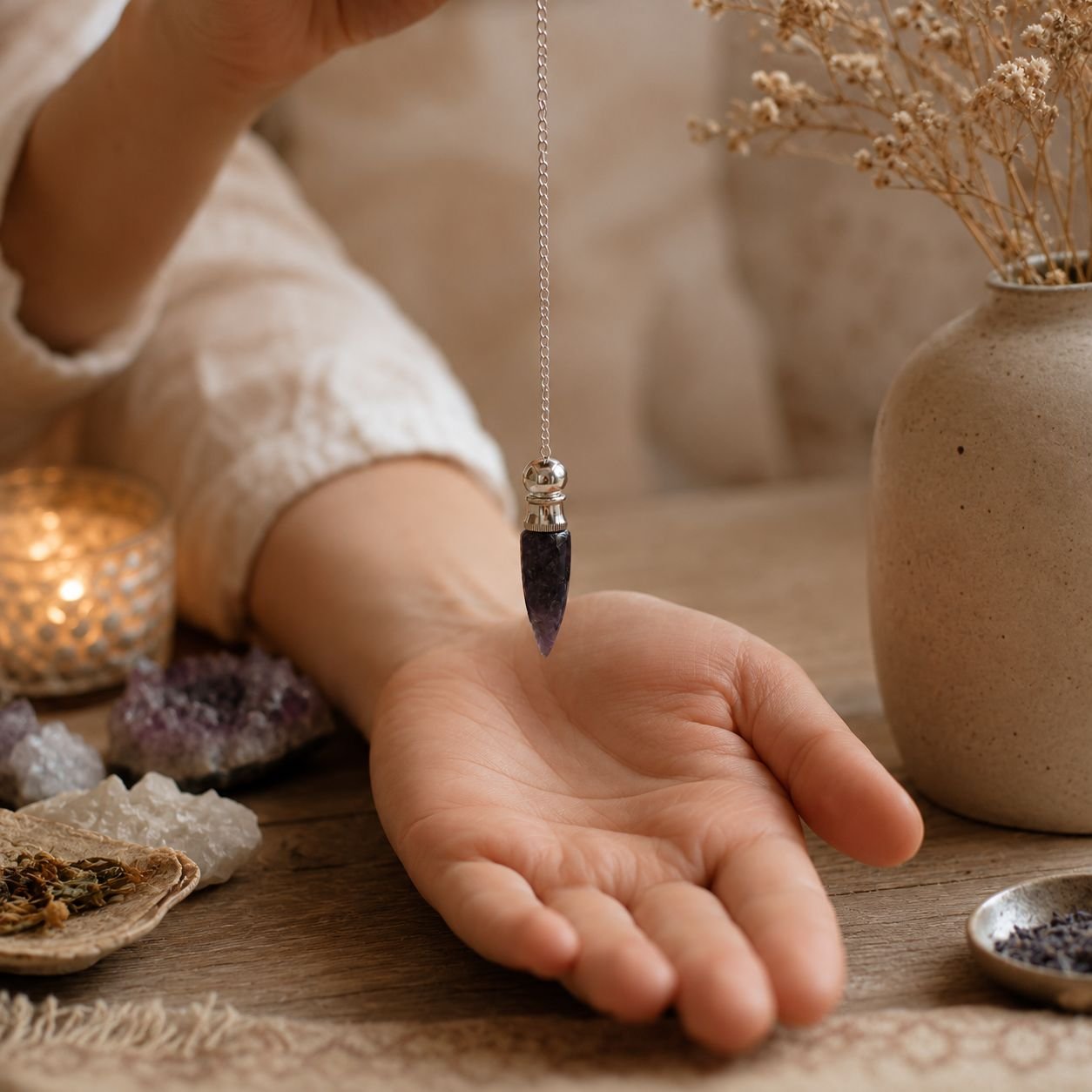 Amethyst chamber pendulum with silver plated cavity view 3