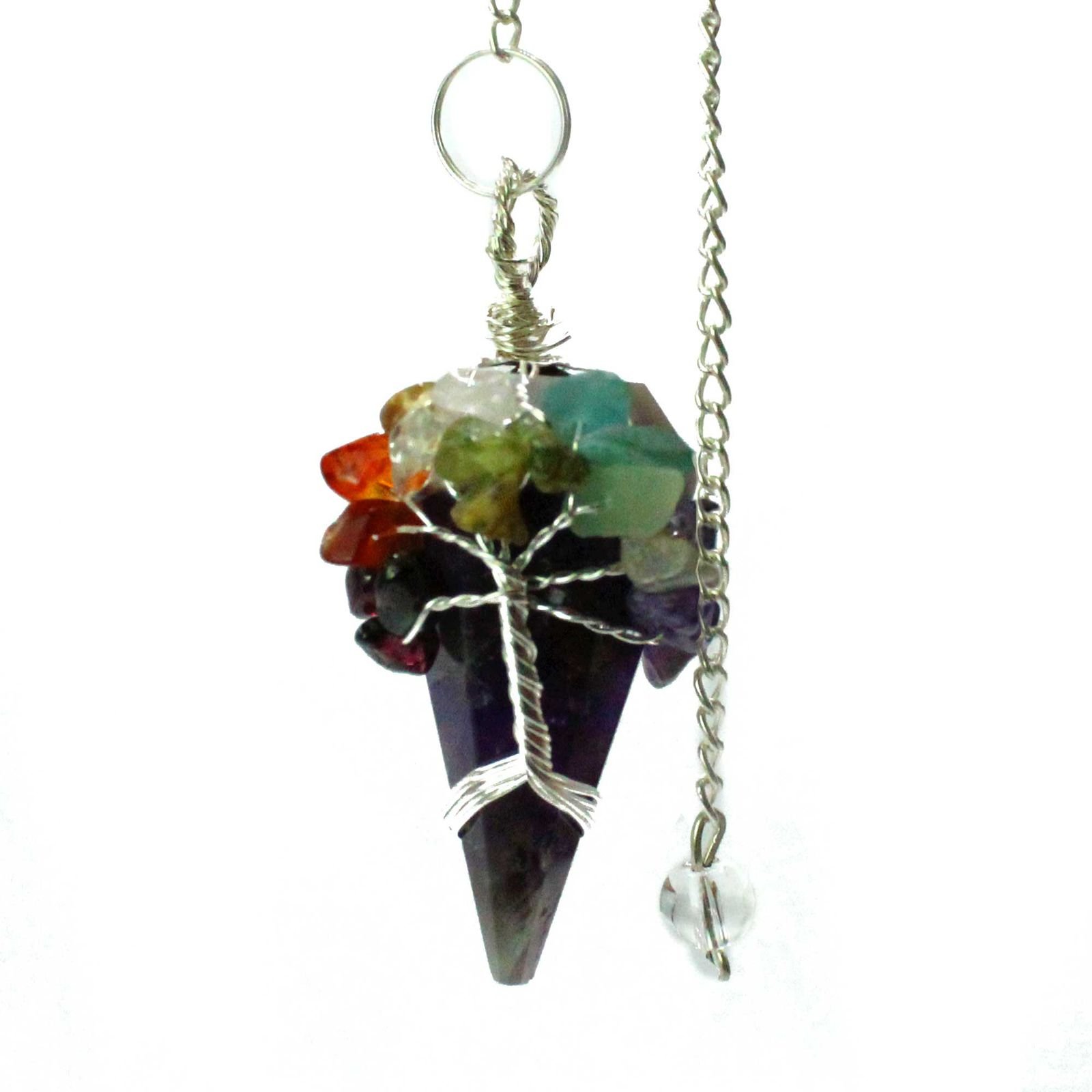 Amethyst chakra pendulum wrapped with seven chakra stones view 4