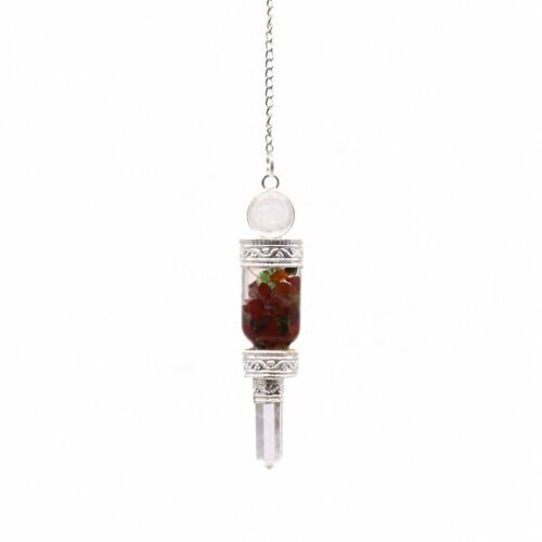 Floating chakra pendulum with clear quartz point