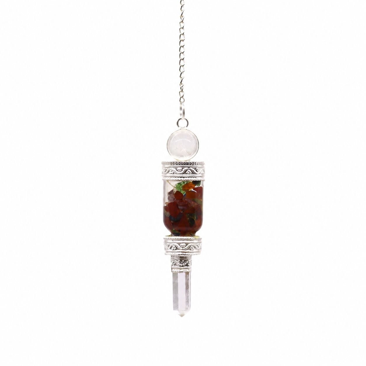 Floating chakra pendulum with clear quartz point