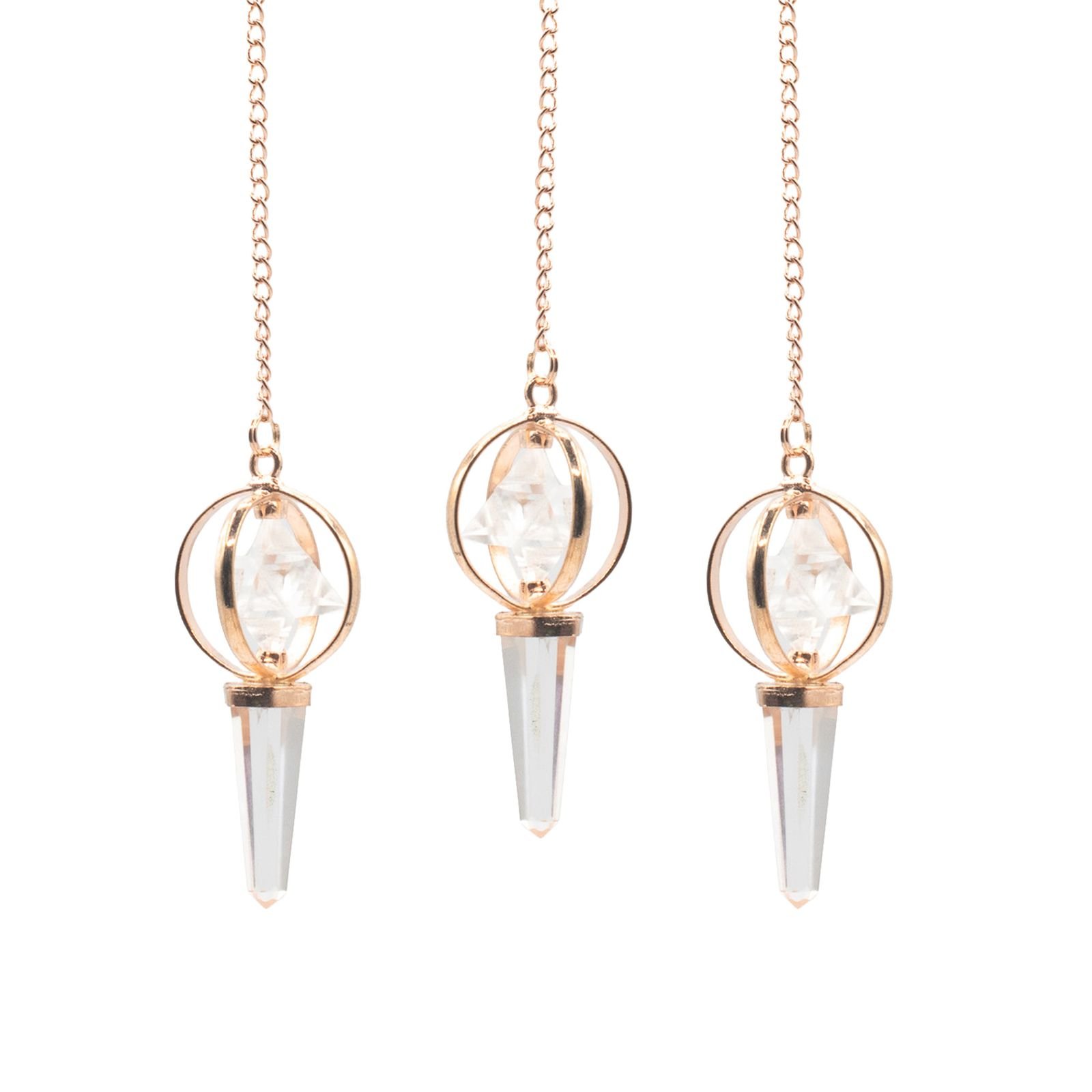 Clear quartz merkaba pendulum with spinning copper star view 2