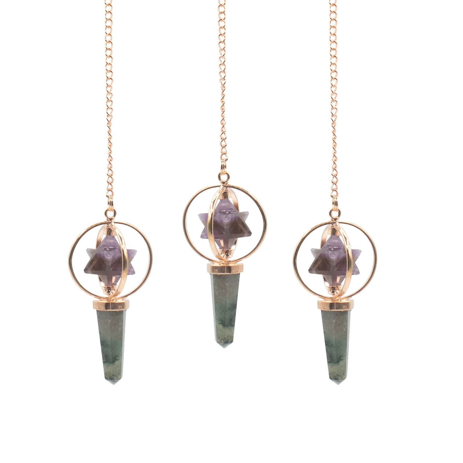 Amethyst merkaba pendulum with labradorite point in copper view 2