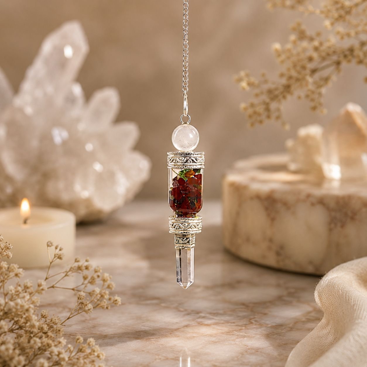 Floating chakra pendulum with clear quartz point view 4