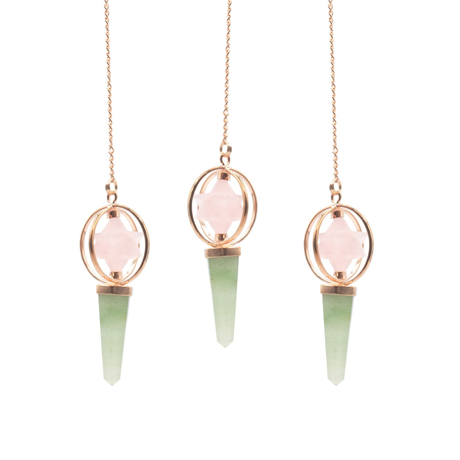 Rose quartz merkaba pendulum with green aventurine point in copper view 2