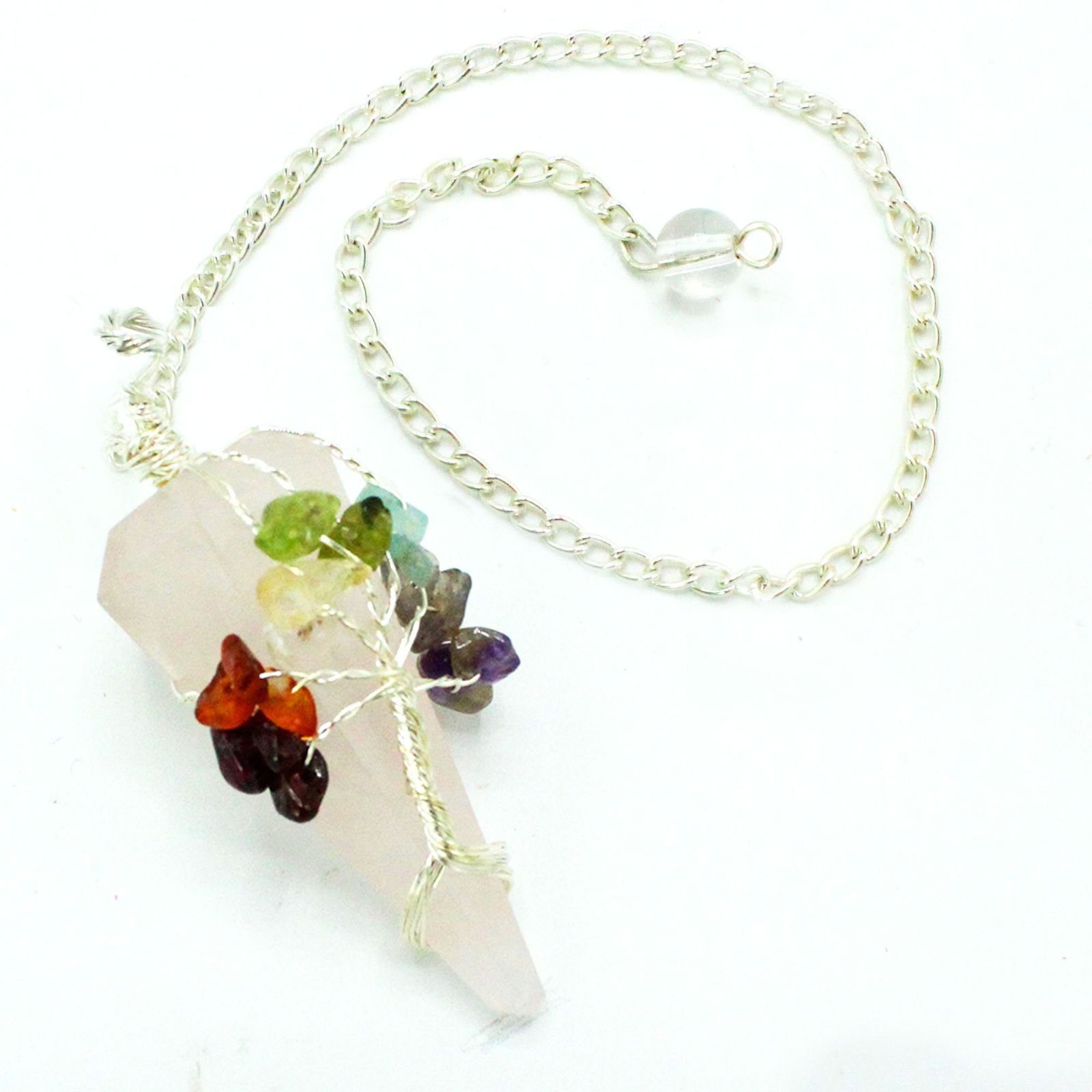 Rose Quartz chakra pendulum wrapped with seven chakra stones view 3