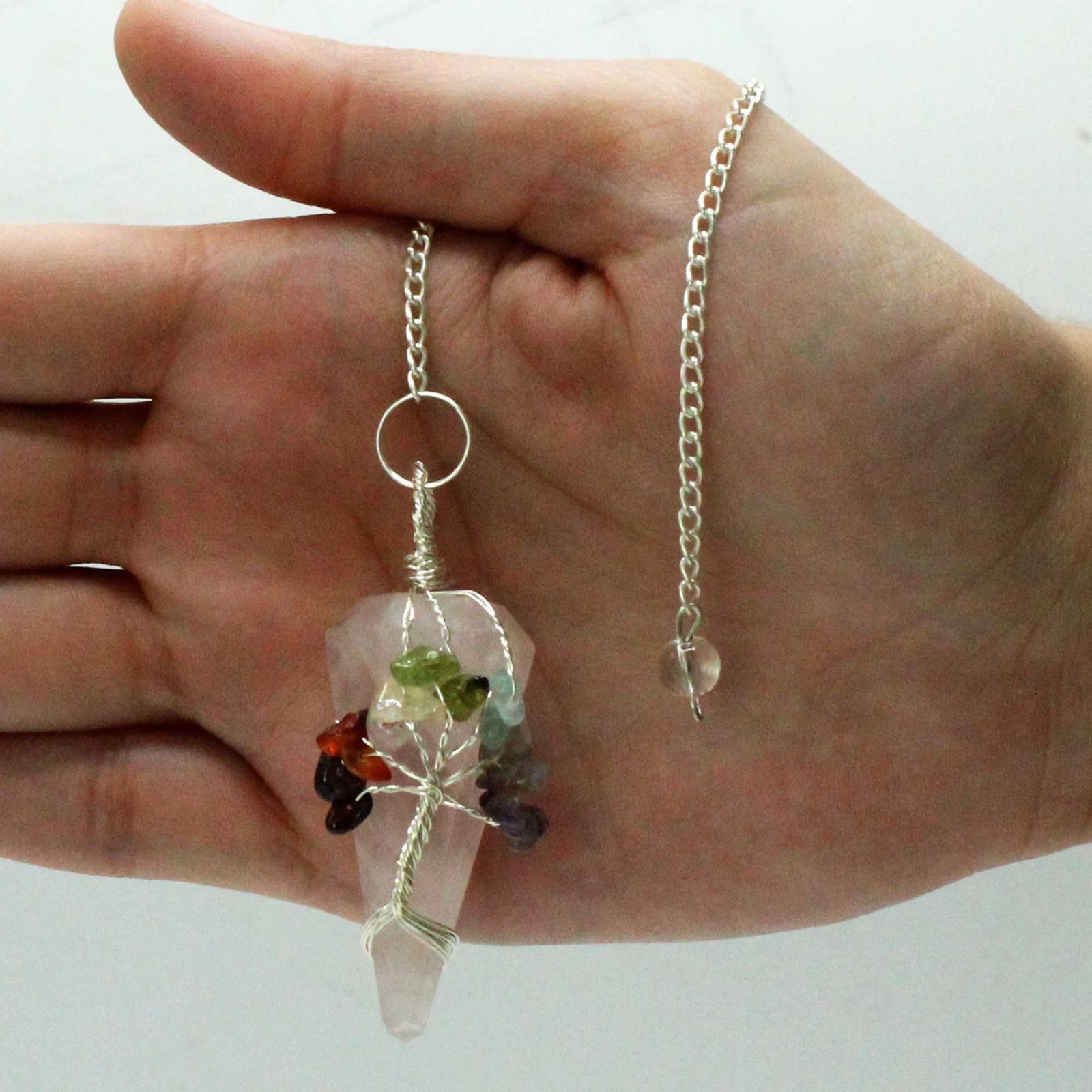 Rose Quartz chakra pendulum wrapped with seven chakra stones view 2