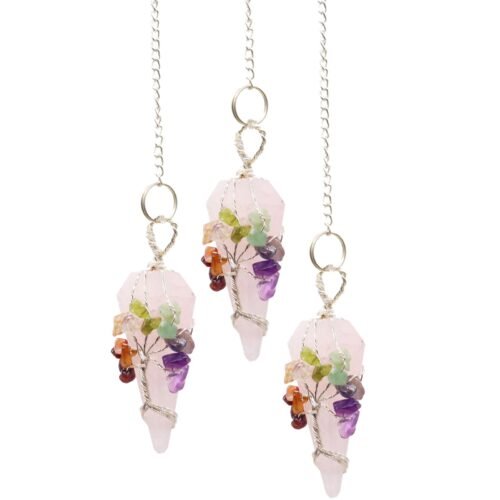 Rose Quartz chakra pendulum wrapped with seven chakra stones