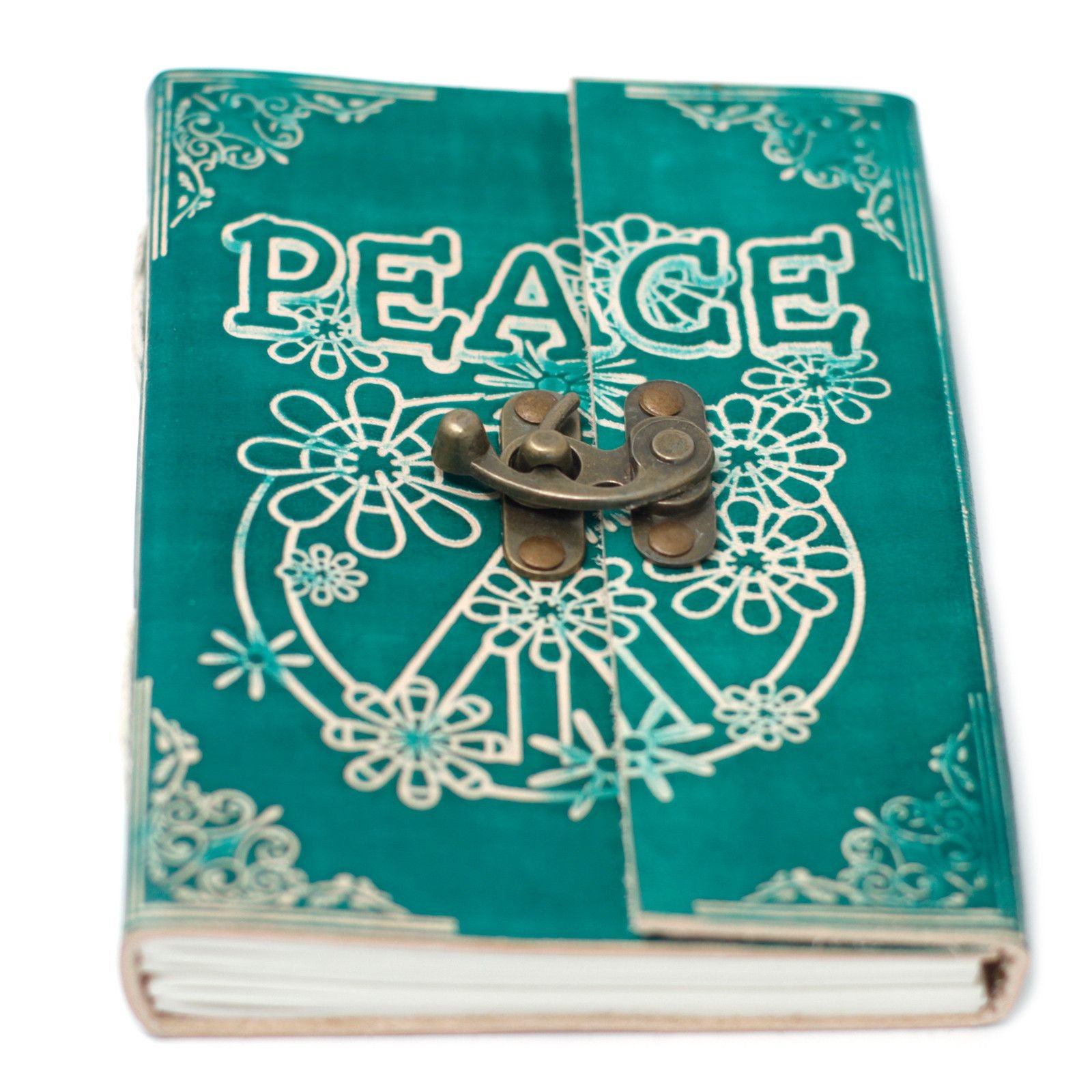 Peace Leather Journal in Teal Green with Clasp, 18 x 13cm view 3