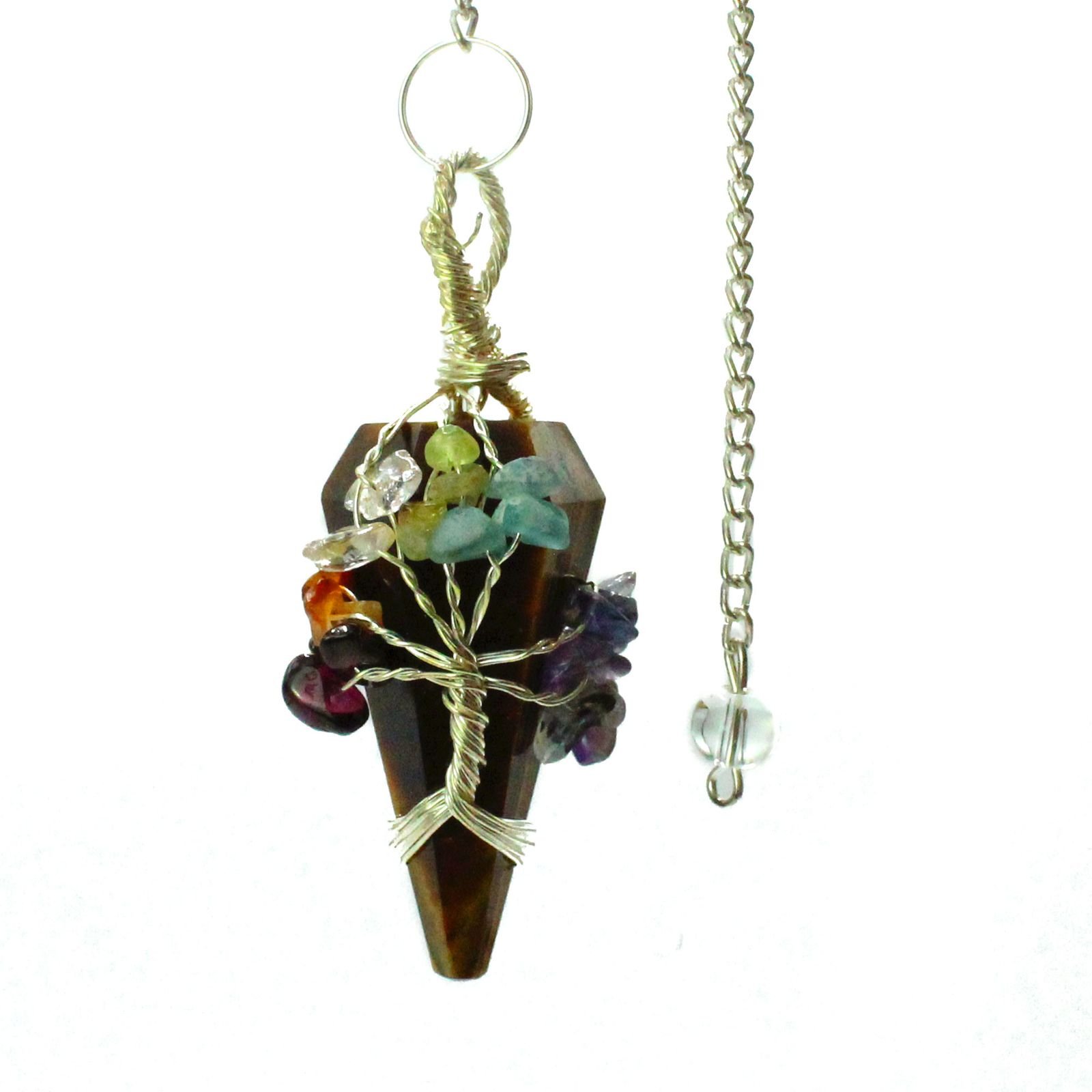 Tigers Eye chakra pendulum wrapped with seven chakra stones view 4