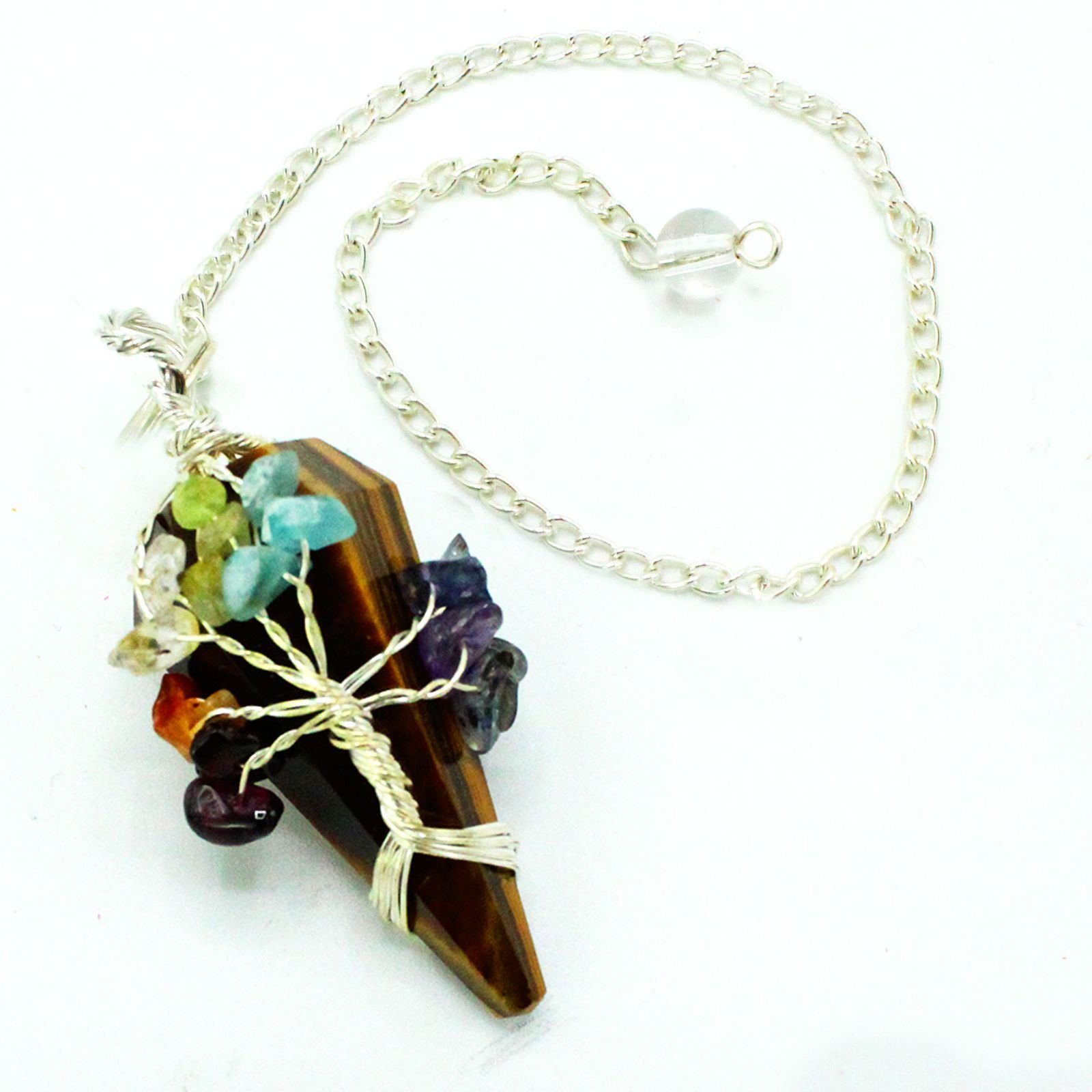 Tigers Eye chakra pendulum wrapped with seven chakra stones view 3