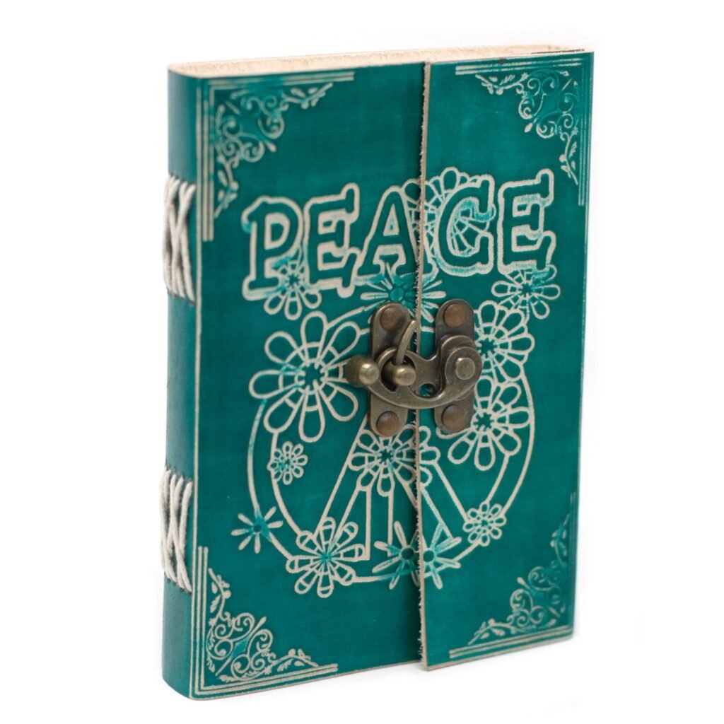 green leather journal Peace Leather Journal in Teal Green with Clasp, 18 x 13cm