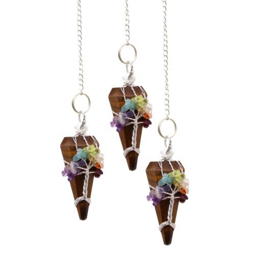 Tigers Eye chakra pendulum wrapped with seven chakra stones