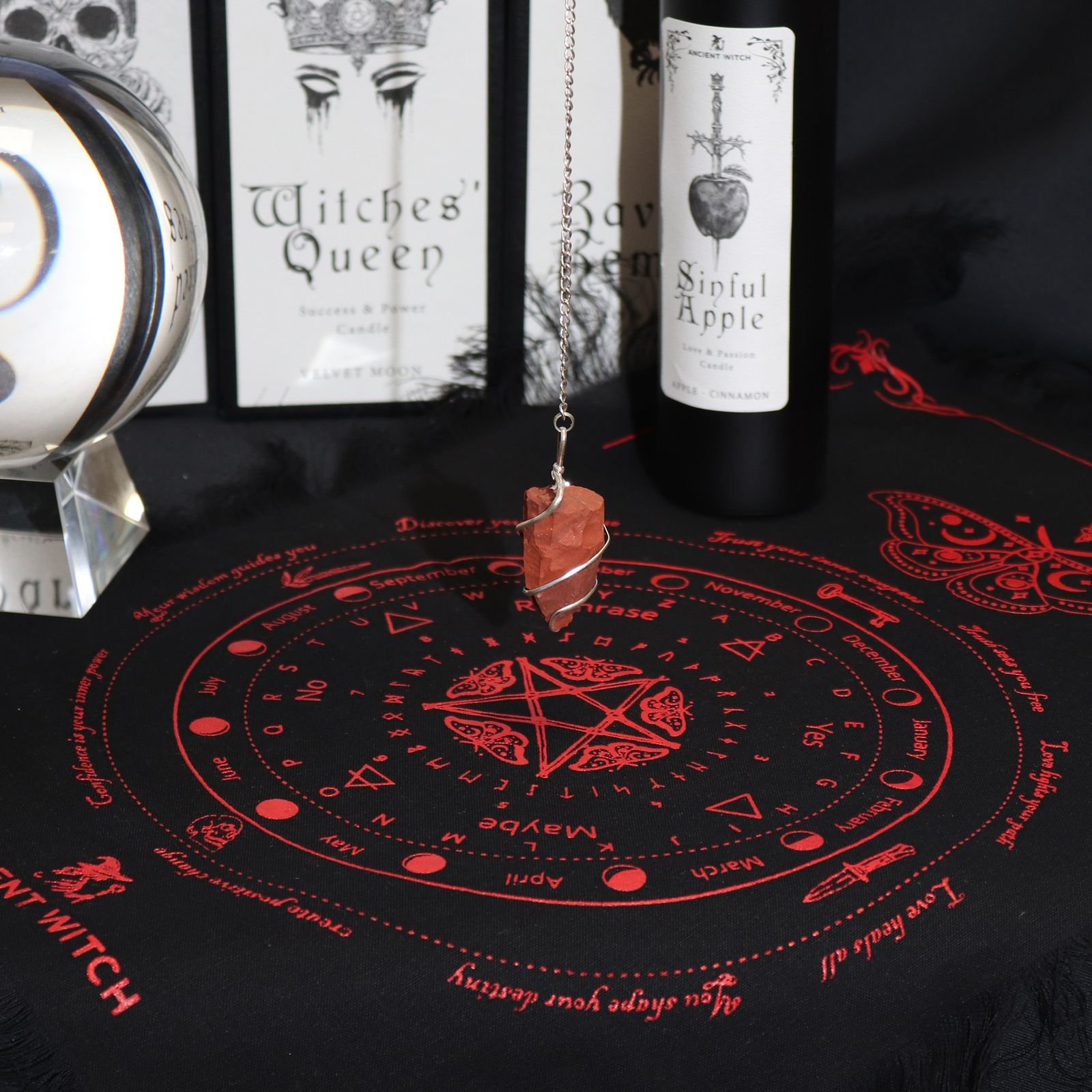 Mystic Moth pendulum board cloth in Black and Blood Red view 2